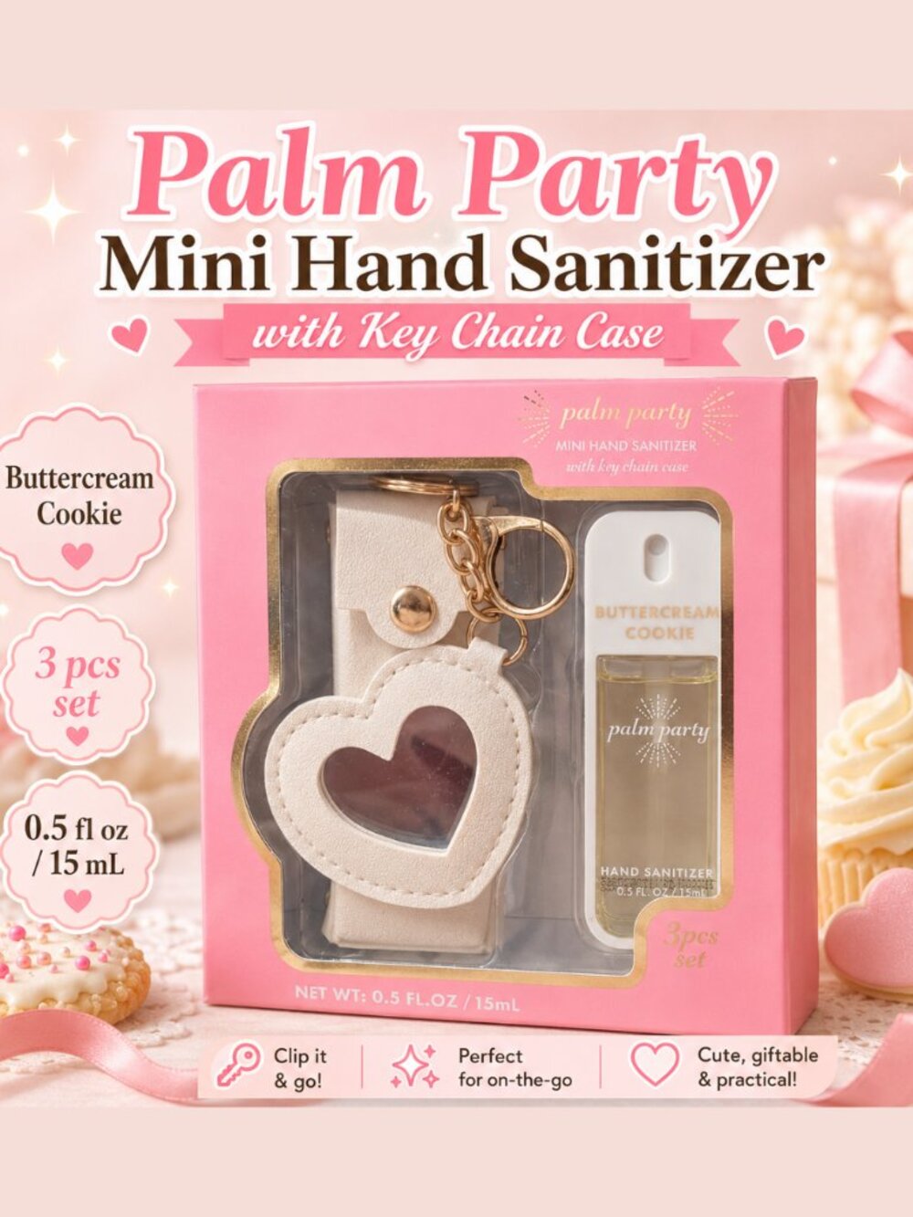 Palm Party Buttercream Cookie Mini Hand Sanitizer Keychain Case Charm Set, NWT